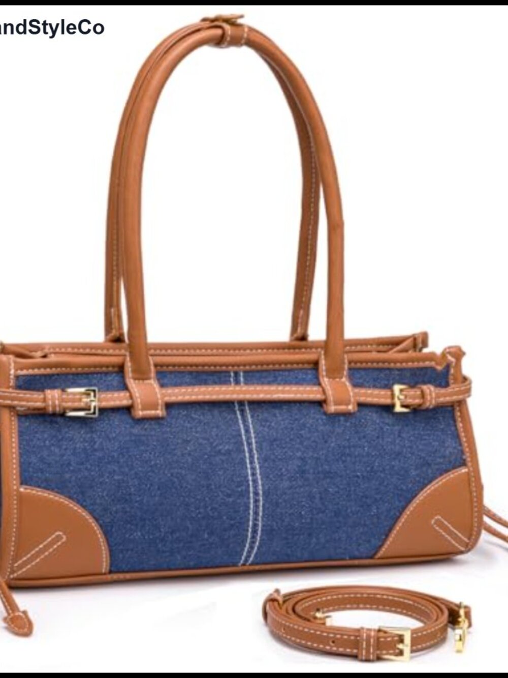 Faux Leather & Denim Crossbody Shoulder Bag Baguette Handbag
